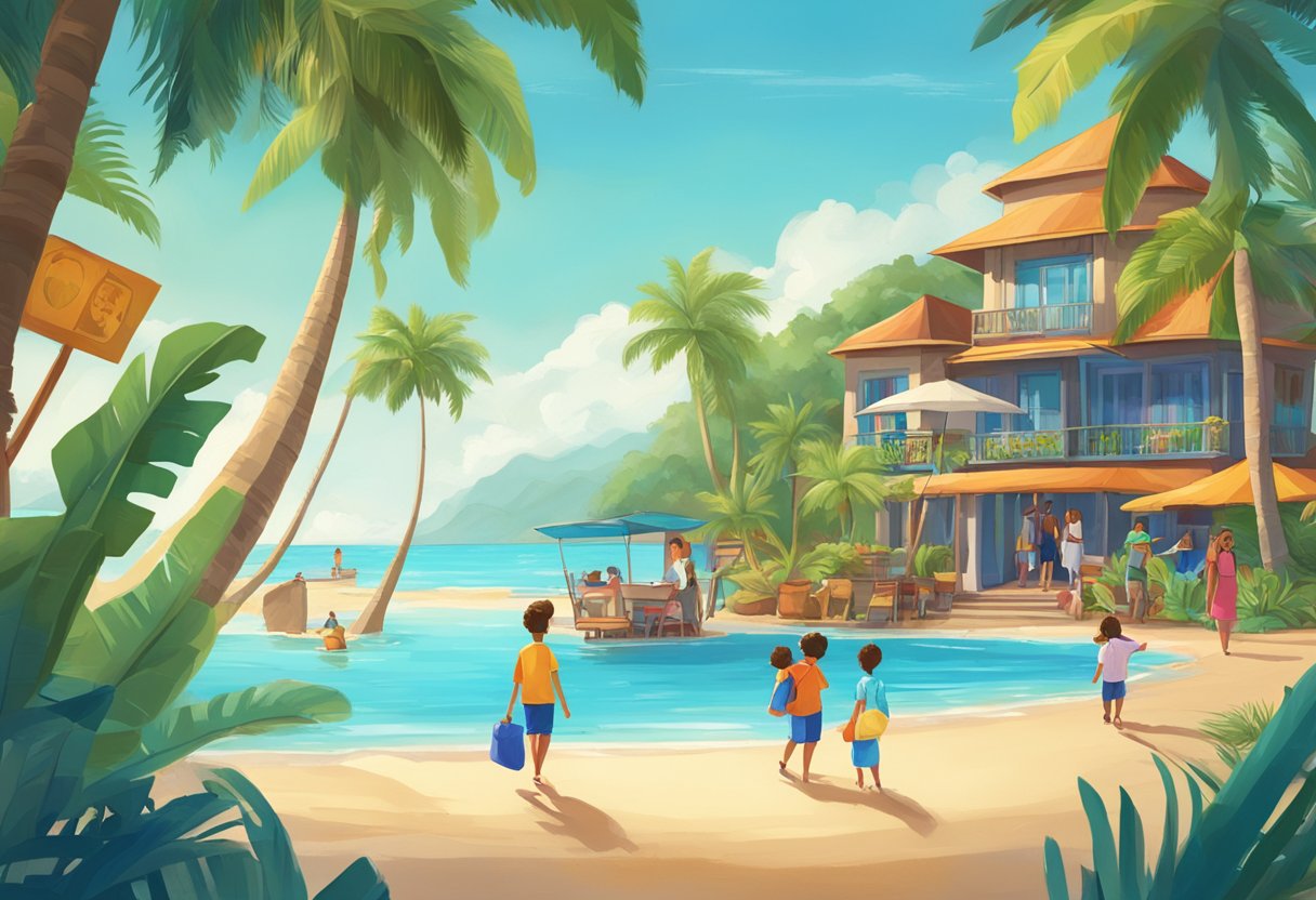 A family happily explores a tropical beach resort, with palm trees, clear blue waters, and a colorful resort sign that reads "Destinos Recomendados por Vacabee mejores ofertas de viajes en familia con Vacabee."