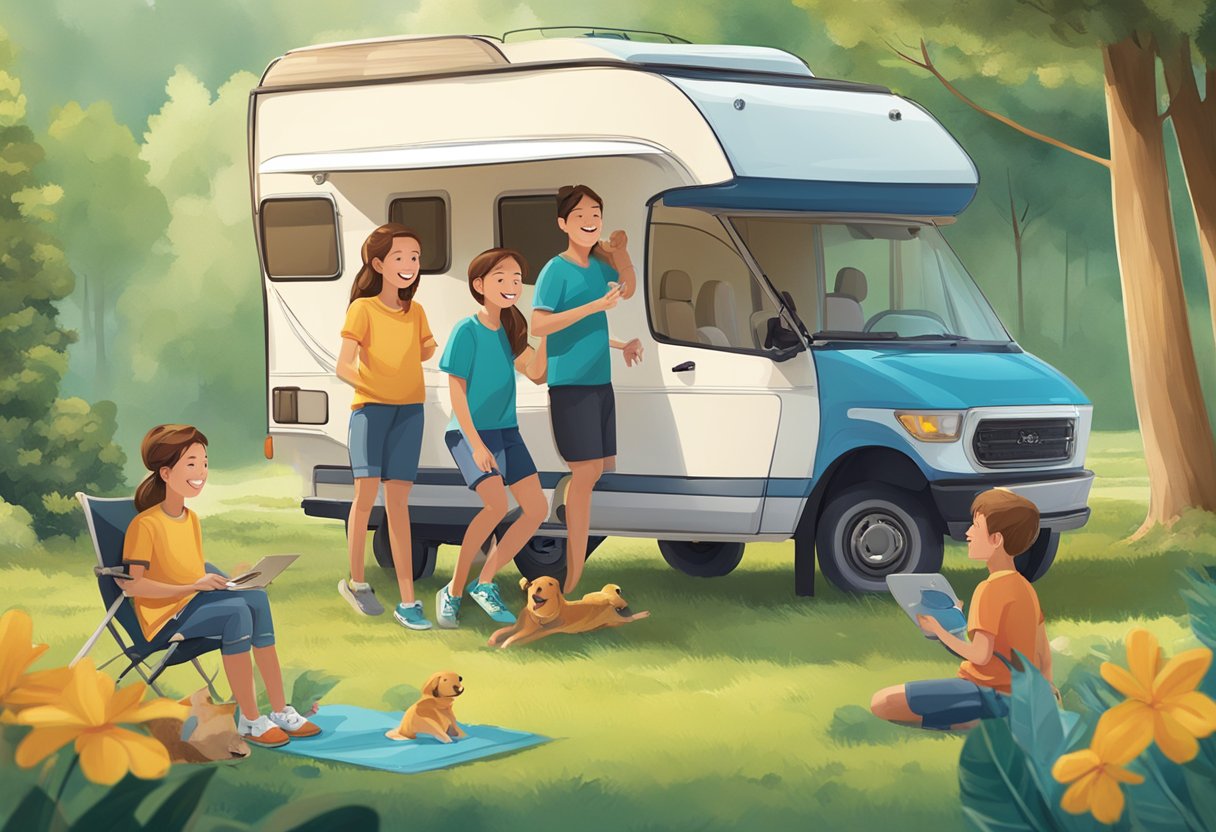 A family enjoying outdoor activities, surrounded by nature and smiling faces, with the "Vacabee" logo prominently displayed