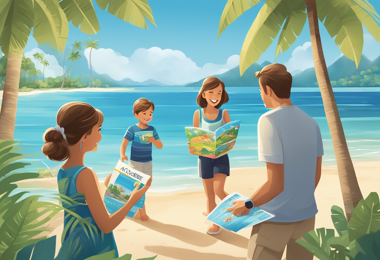 A family happily explores a tropical beach resort, surrounded by palm trees and crystal-clear waters, while holding a "Vacabee" travel brochure