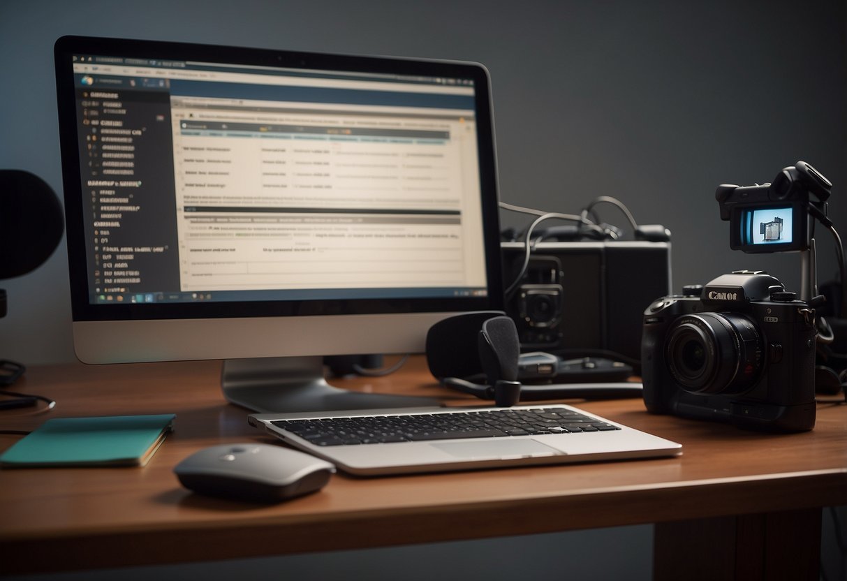 A desk with a computer, microphone, and camera set up. A script and notes are visible. Soft lighting and a neutral background complete the scene