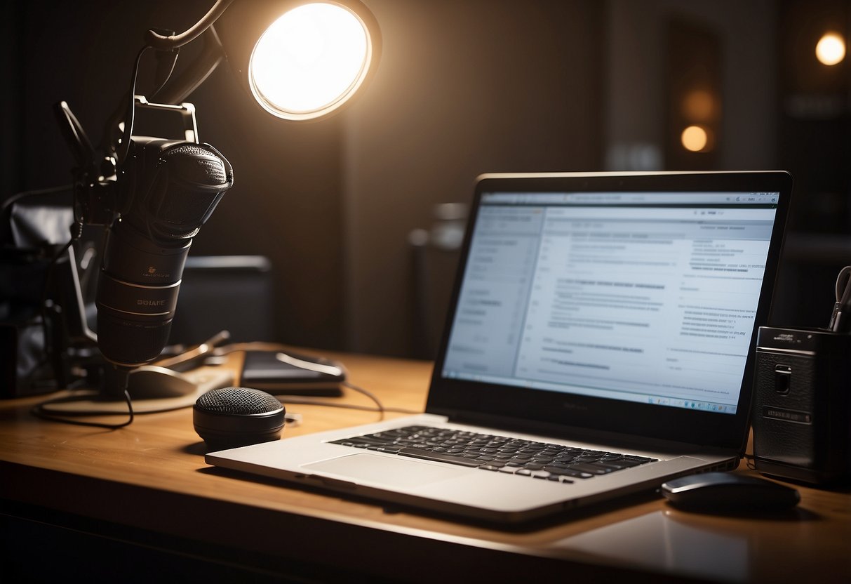 A desk with a laptop, microphone, and camera set up. A script and notes are scattered around. A bright light illuminates the area