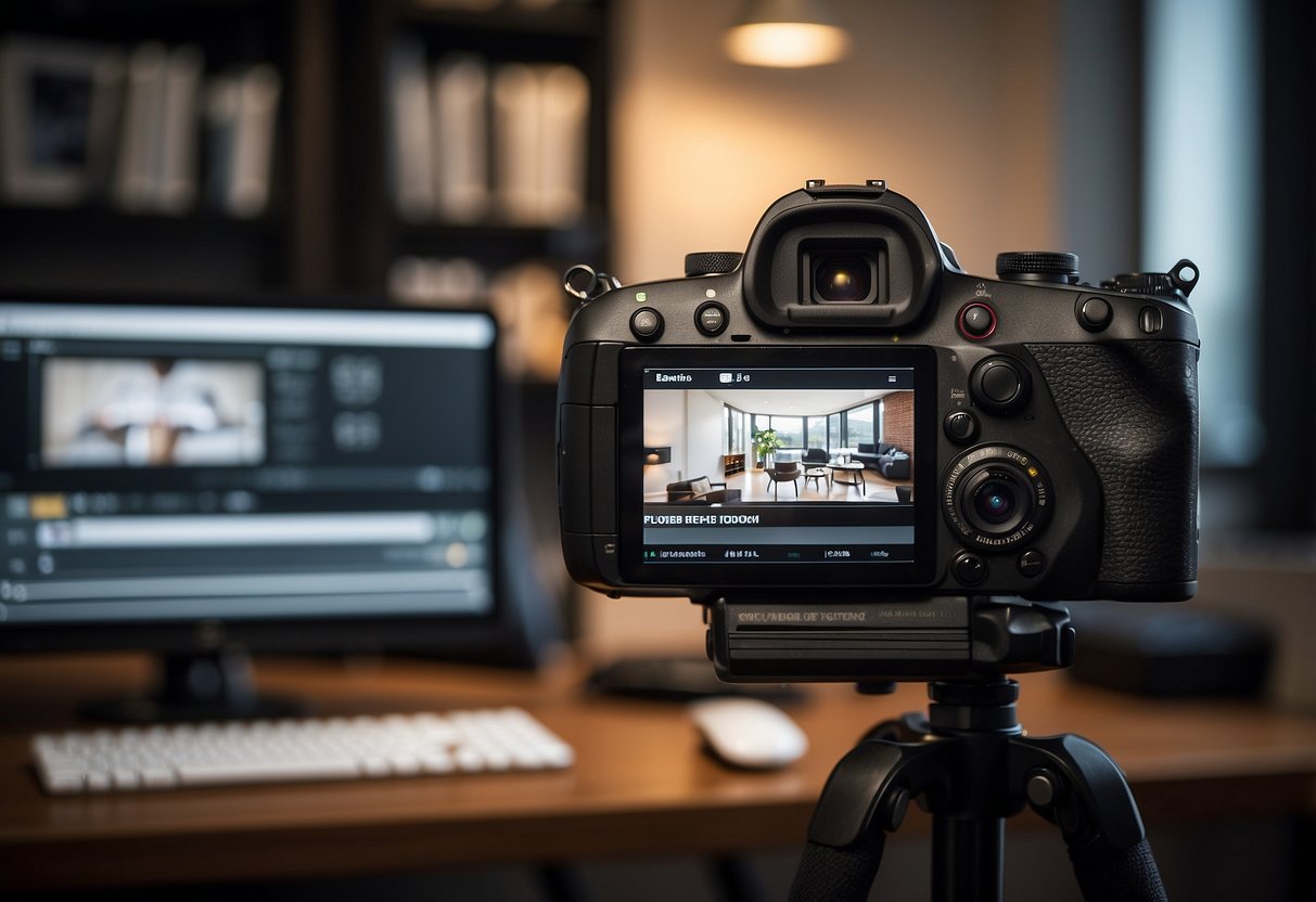 A camera on a tripod records a computer screen with a YouTube tutorial on how to record a video. The room is well-lit and organized