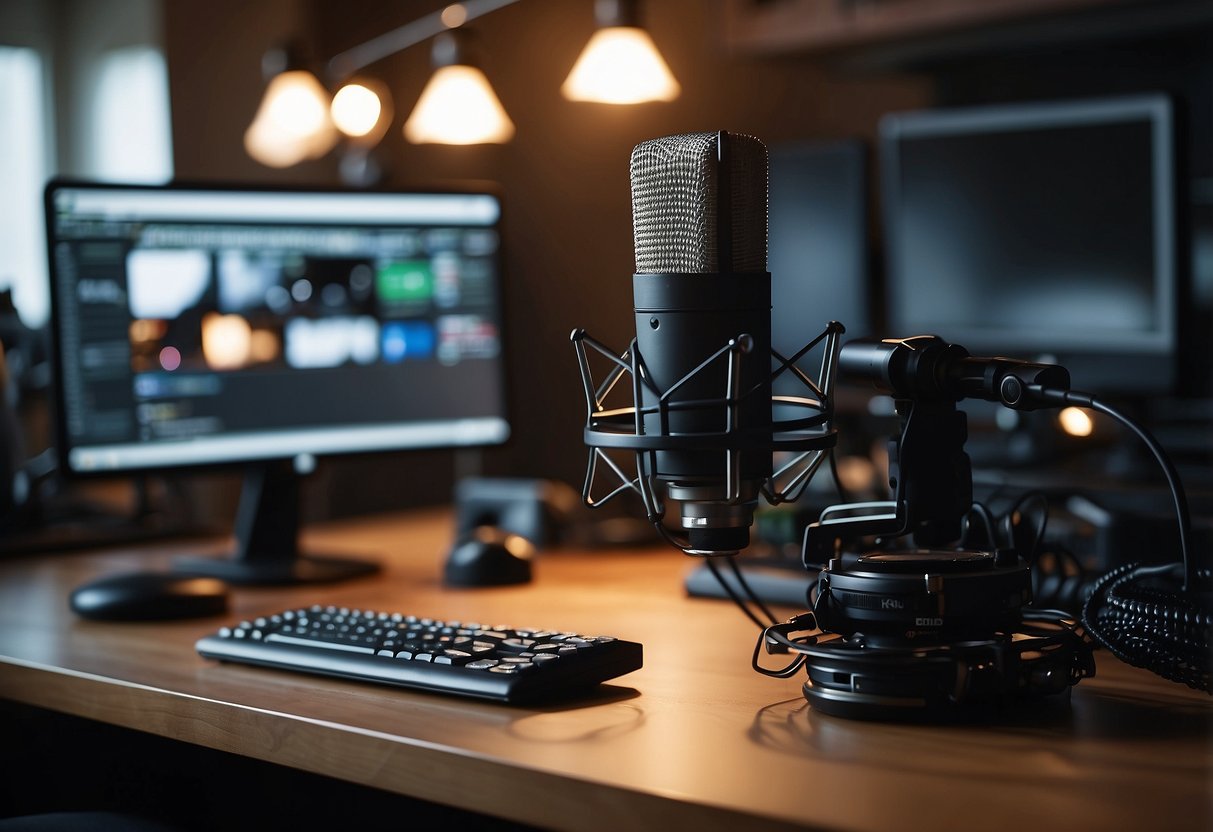 A desk with a computer, camera, and microphone set up for recording a YouTube video tutorial on editing and post-production