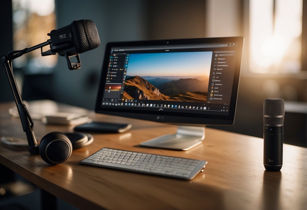 A computer screen with a YouTube video recording interface open, a microphone, and a camera set up on a desk