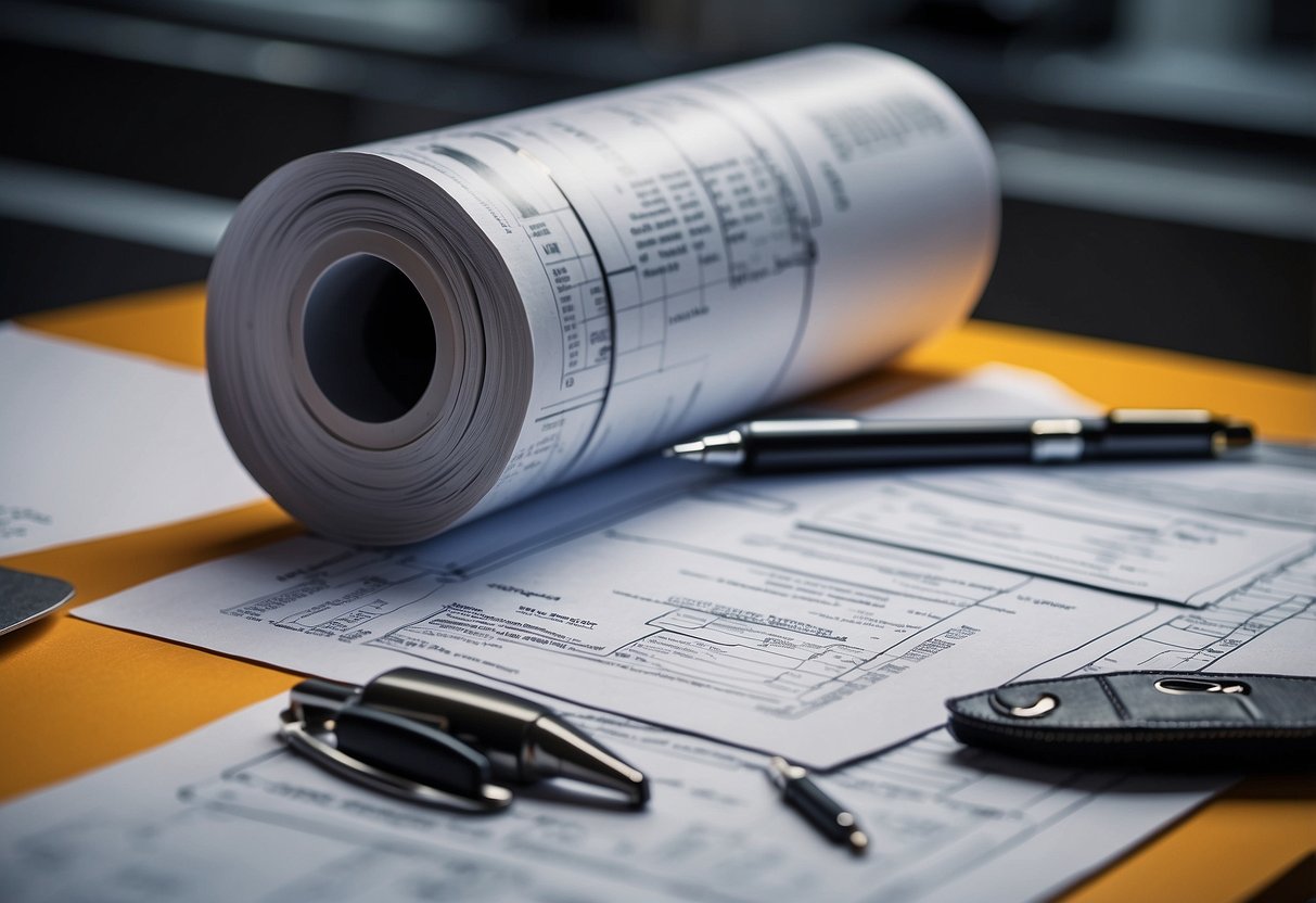 A folder with construction documents and reports, labeled "Dossier d'Ouvrages Exécutés," sits on a desk next to a blueprint and a pen