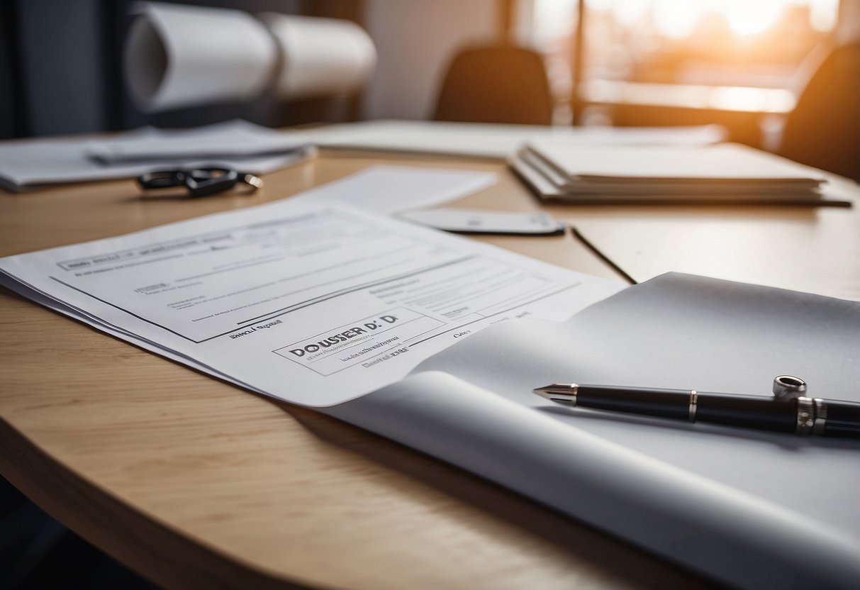 A folder labeled "Dossier d'ouvrage exécuté" sits on a desk, surrounded by construction plans, contracts, and a pen. The scene is organized and professional