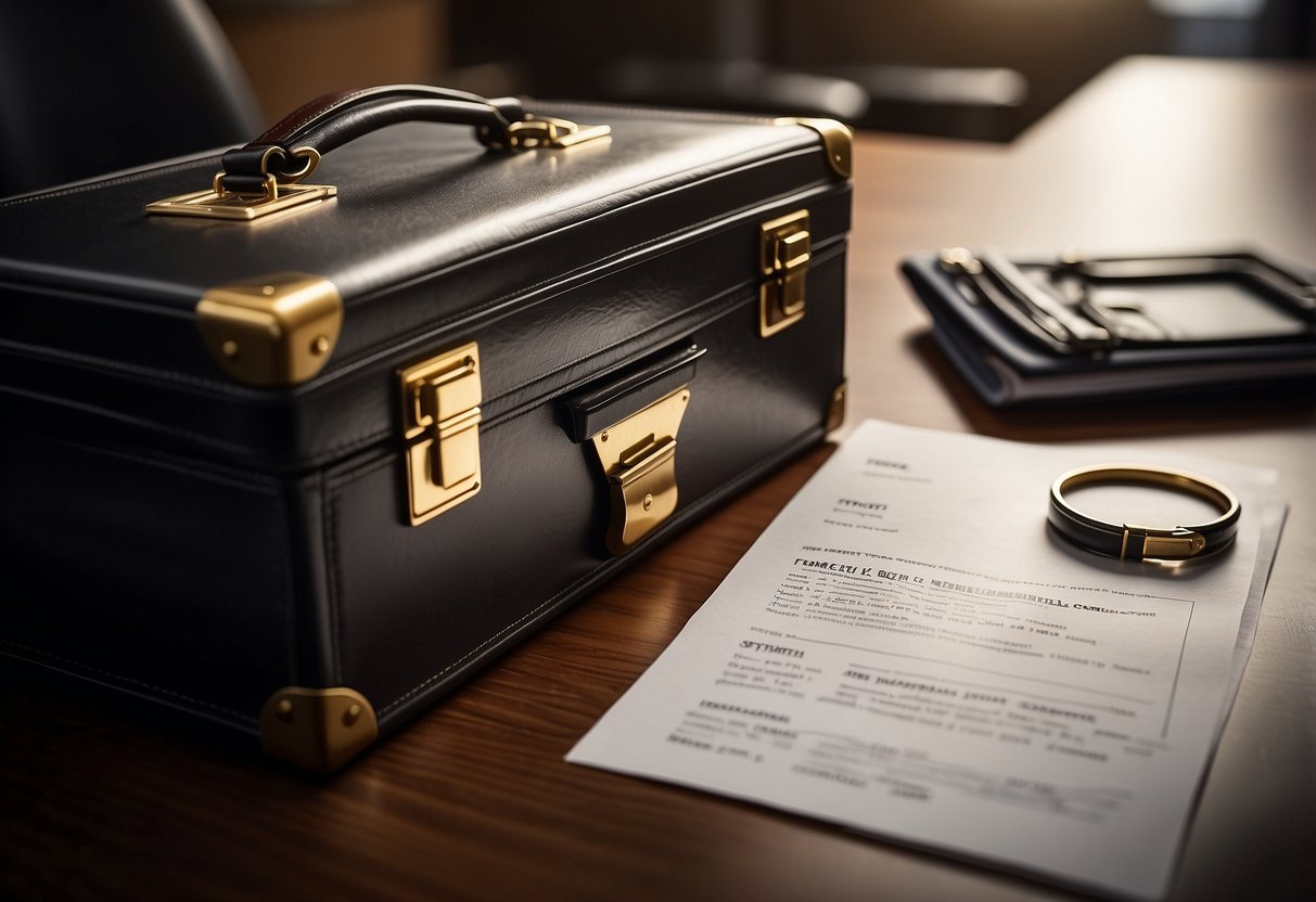 Legal documents and confidentiality symbolized by a locked briefcase on a desk with a public procurement notice