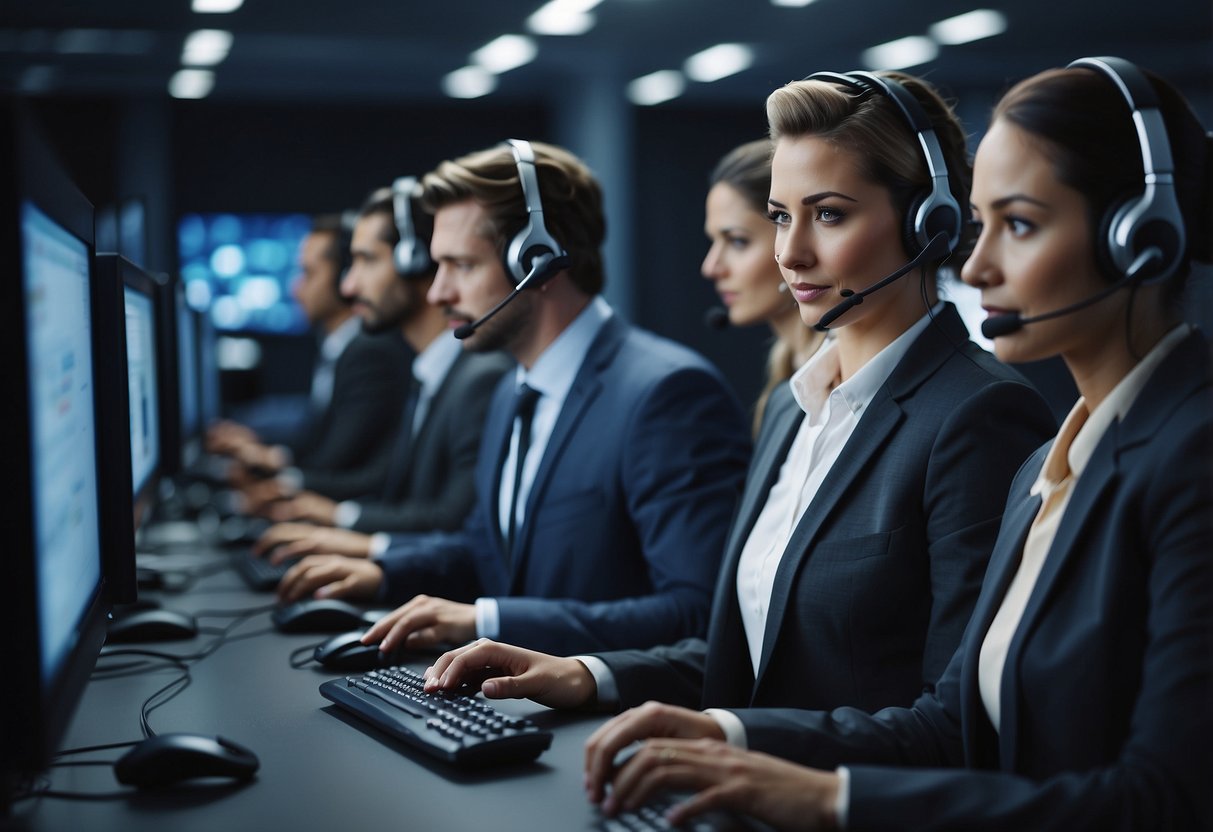 A modern call center with AI and human agents working together, surrounded by computer screens and headsets, with a mix of traditional and cutting-edge technology