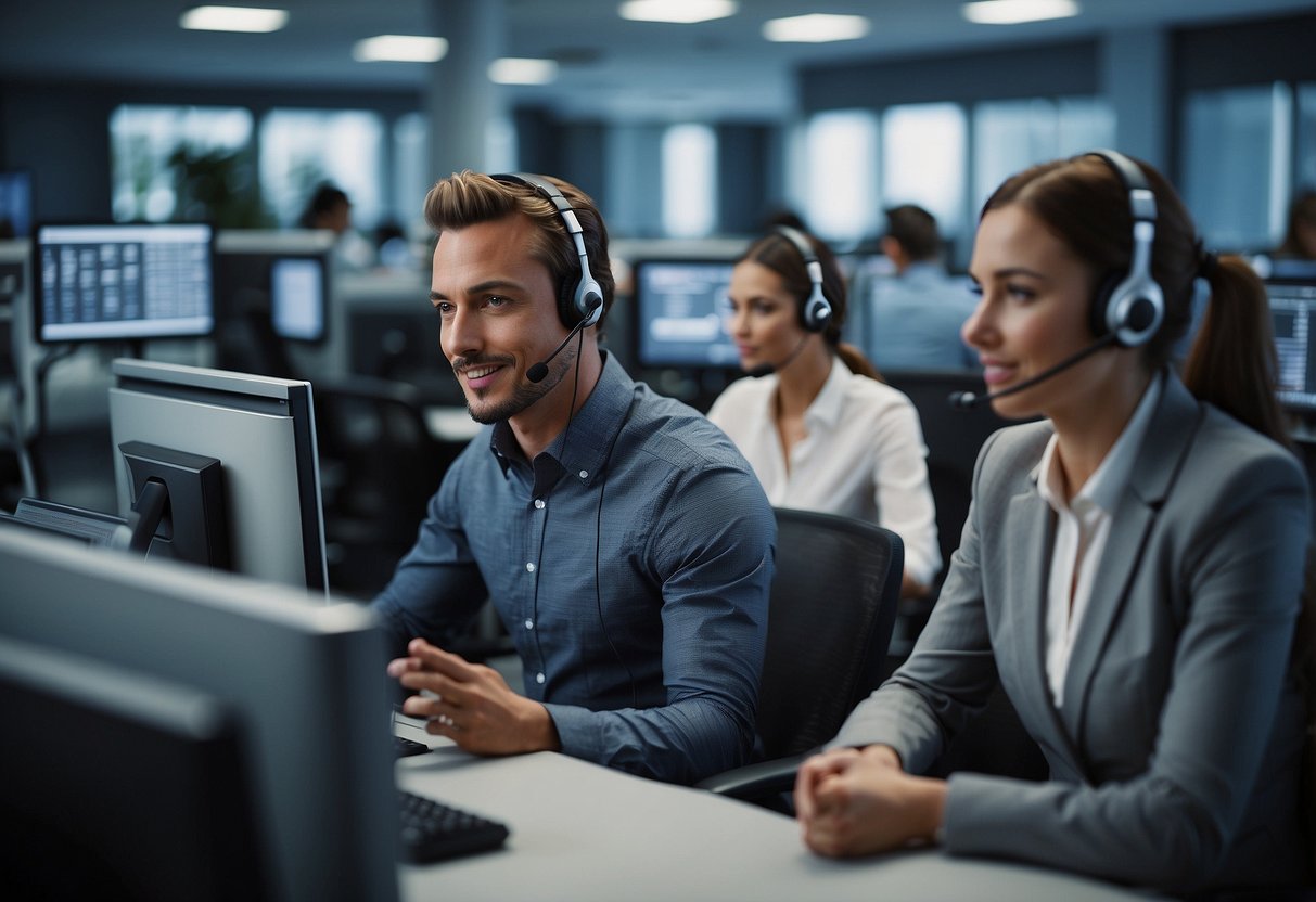 A modern call center with a mix of human and AI agents, showing empathy and emotional intelligence in handling complex and sensitive customer interactions