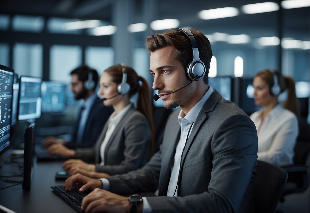 A modern call center with AI and human agents working together, data analytics enhancing their performance