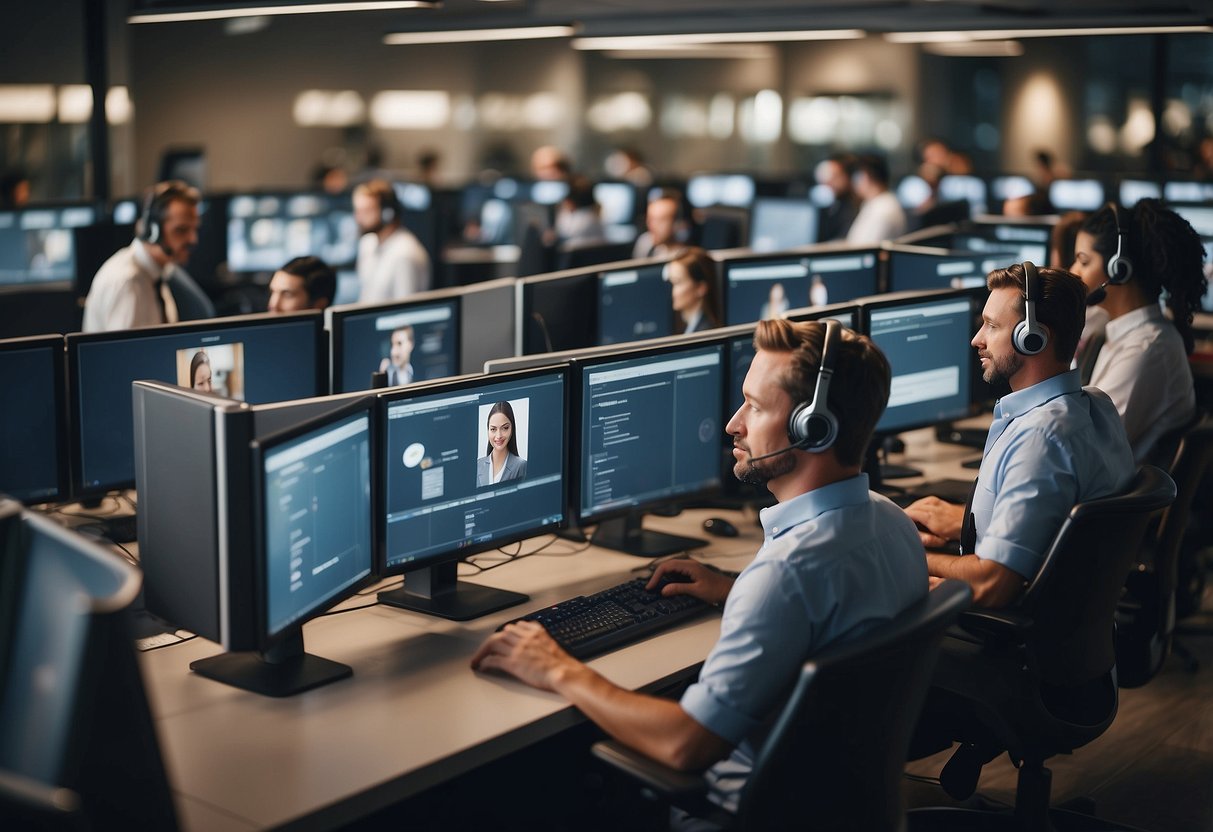 A modern call center with AI and human agents working together seamlessly, handling customer inquiries and providing support in a dynamic and efficient manner