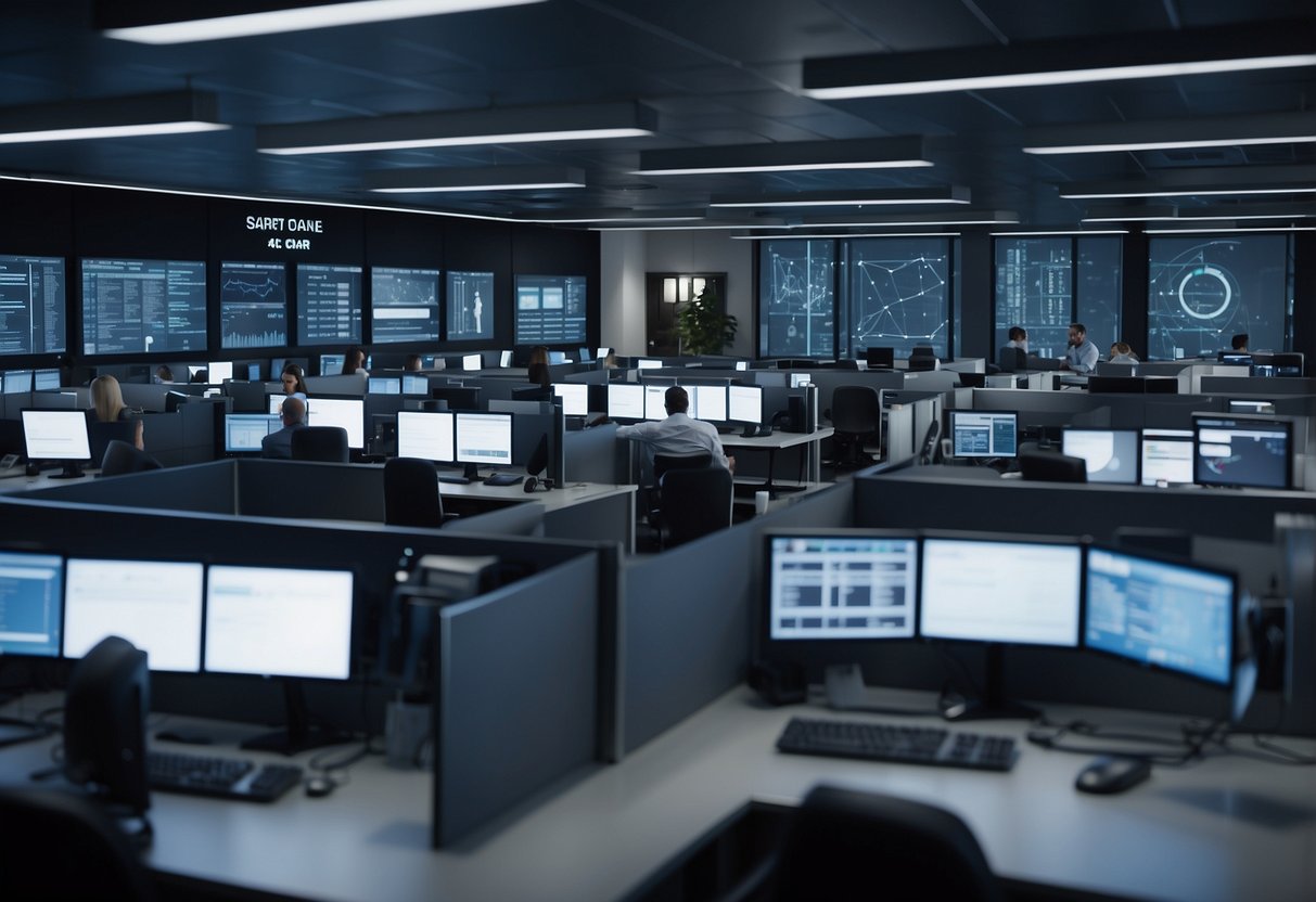 AI agents and human operators work together at desks in a modern call center. Screens display data and communication tools are within reach. The atmosphere is professional and efficient