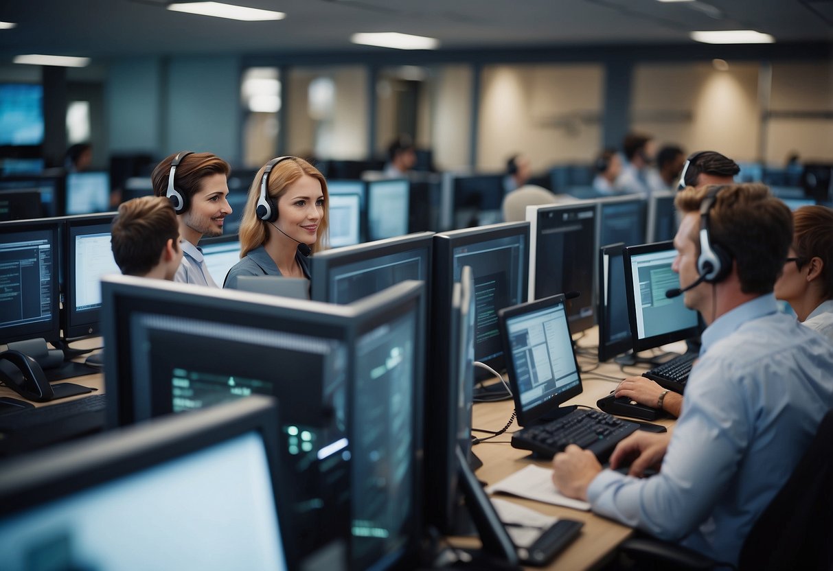 A call center with AI and human agents working together seamlessly, surrounded by advanced technology and a calm, professional atmosphere