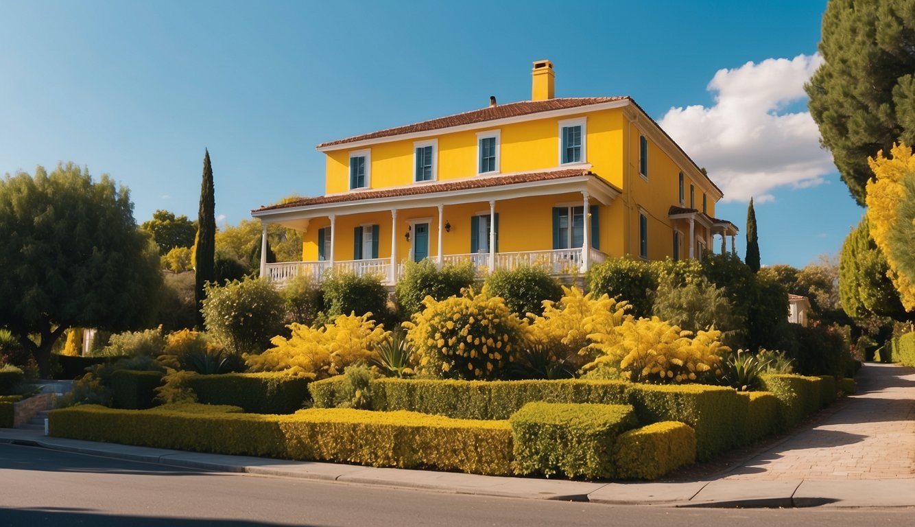 A bright yellow house with white trim stands against a clear blue sky, surrounded by lush greenery and vibrant lemon trees