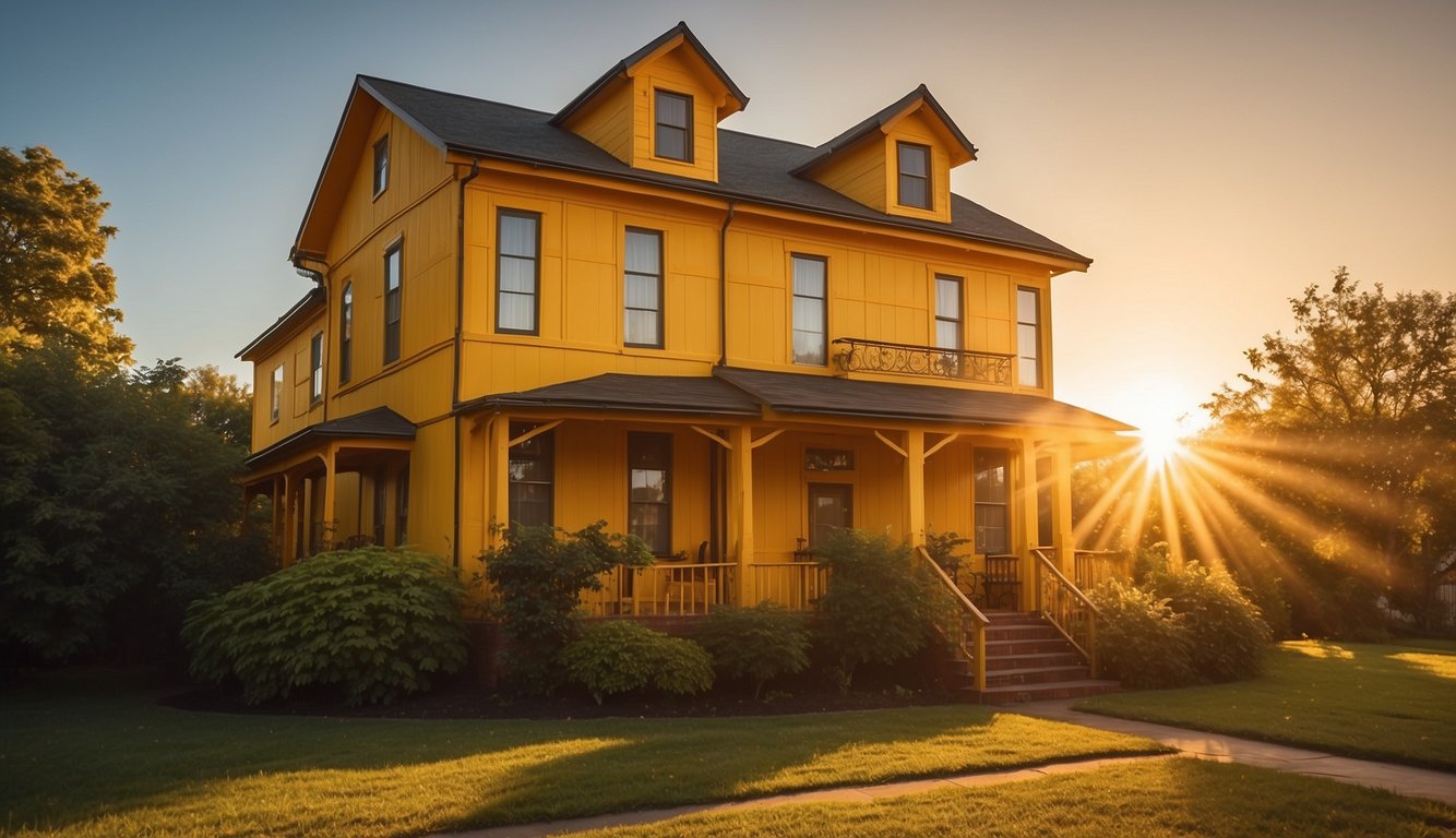 A vibrant yellow house stands against a backdrop of a golden sunrise, with rays of light casting a warm glow on the exterior