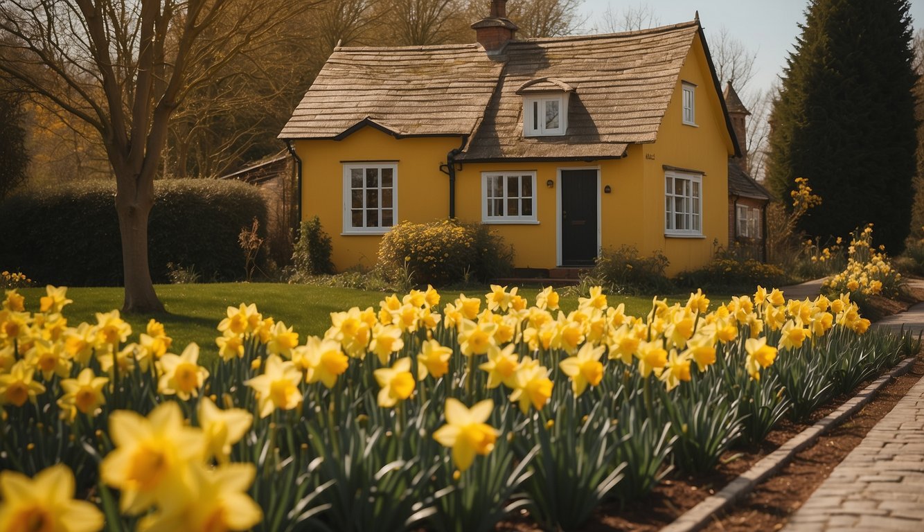 A charming yellow house surrounded by vibrant daffodils in full bloom. The sun is shining, casting a warm glow on the cheerful exterior