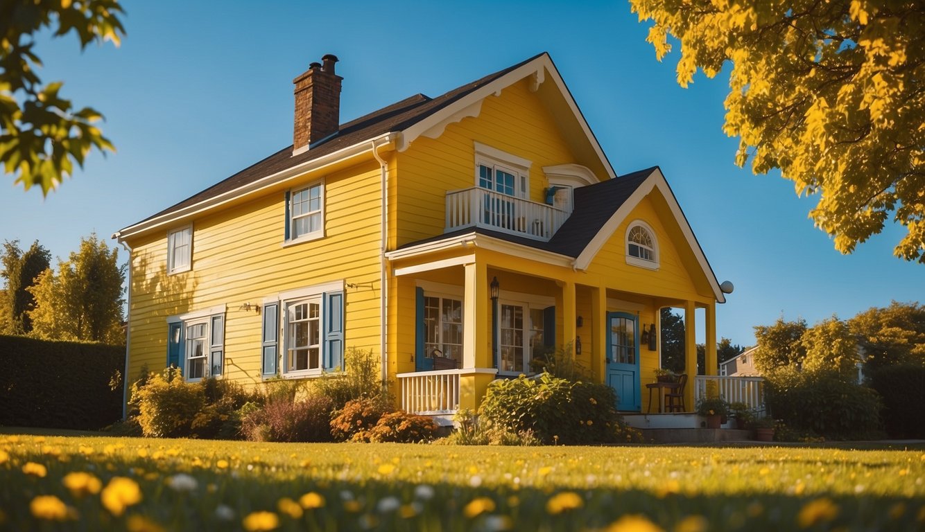 A bright yellow house stands against a clear blue sky, radiating warmth and cheerfulness. The sun shines down, illuminating the vibrant color of the exterior paint