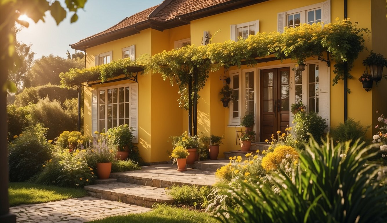 A sunny yellow house with a bright, cheerful exterior, surrounded by lush greenery and bathed in warm sunlight