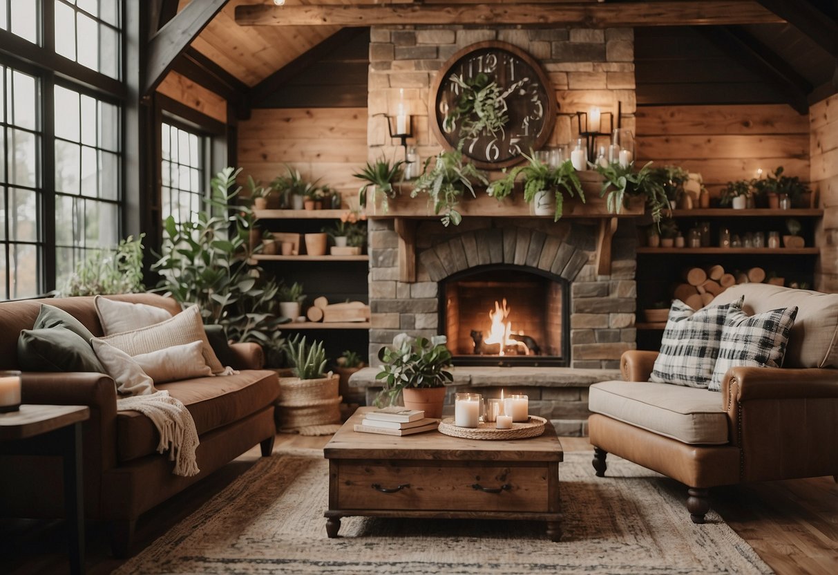 Rustic farmhouse with shiplap walls, adorned with hanging plants, vintage signs, and framed botanical prints. Cozy seating area with plaid pillows and a crackling fireplace