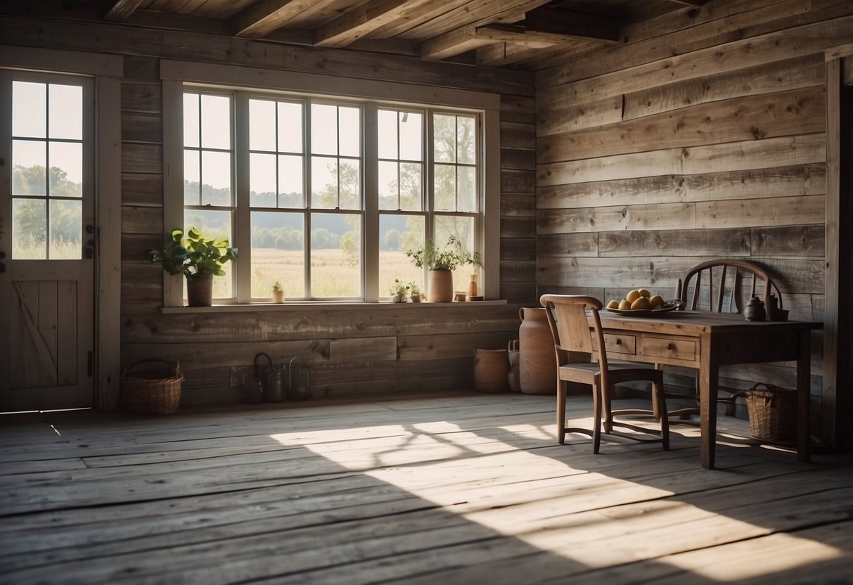 A rustic farmhouse interior with distressed white shiplap walls, creating a cozy and inviting atmosphere. Light spills in from a nearby window, casting soft shadows on the textured surface