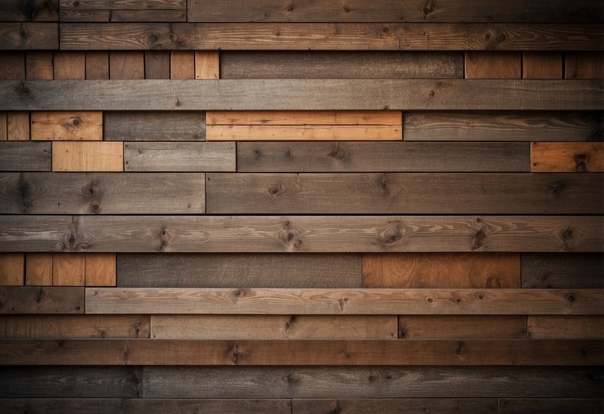 A rustic farmhouse wall with vertical shiplap planks, creating a textured, cozy accent. Wood grain visible, with soft lighting casting shadows