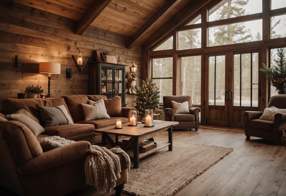 A rustic farmhouse interior with natural wood shiplap walls, adorned with simple decor and warm lighting