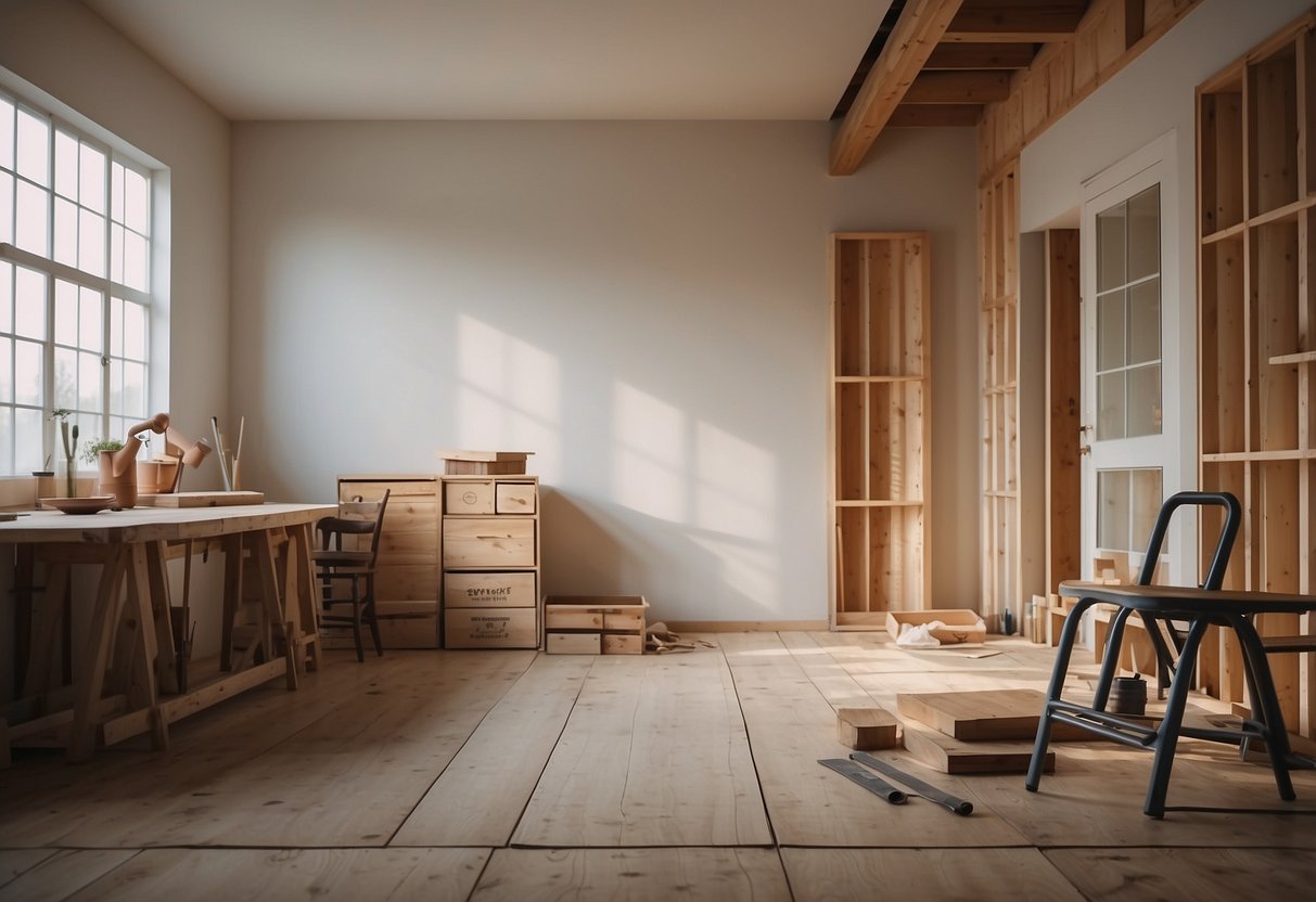 A room with bare walls, measuring and marking for shiplap installation. Tools and materials scattered around. Cozy farmhouse decor in the background