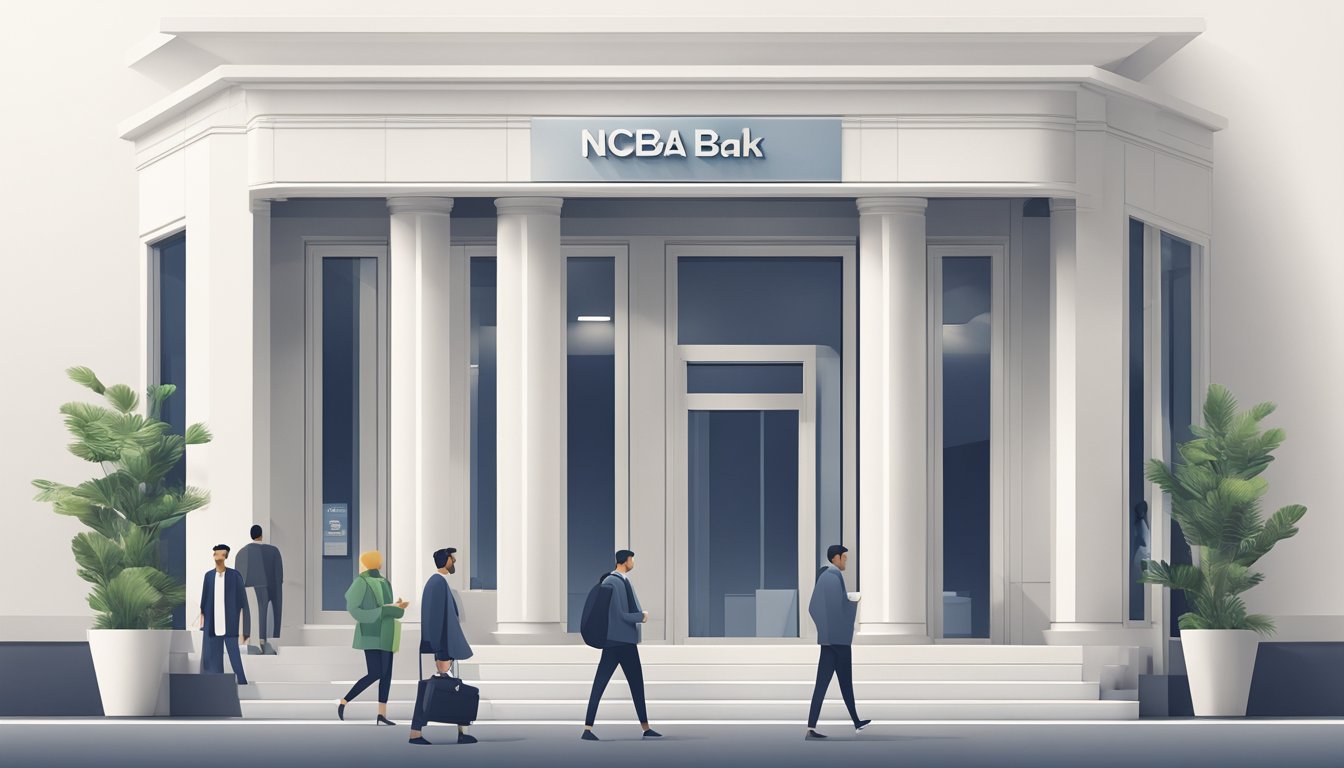 A sleek, modern bank building with "NCBA Bank" prominently displayed. A line of customers waits outside, while others conduct business at teller windows inside