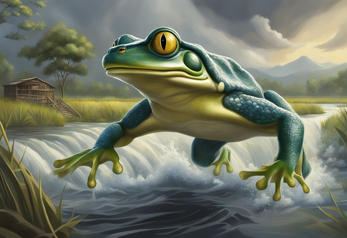 A blind frog jumps over a rushing river, narrowly avoiding a snapping alligator. A storm brews in the distance as the ranch sits abandoned