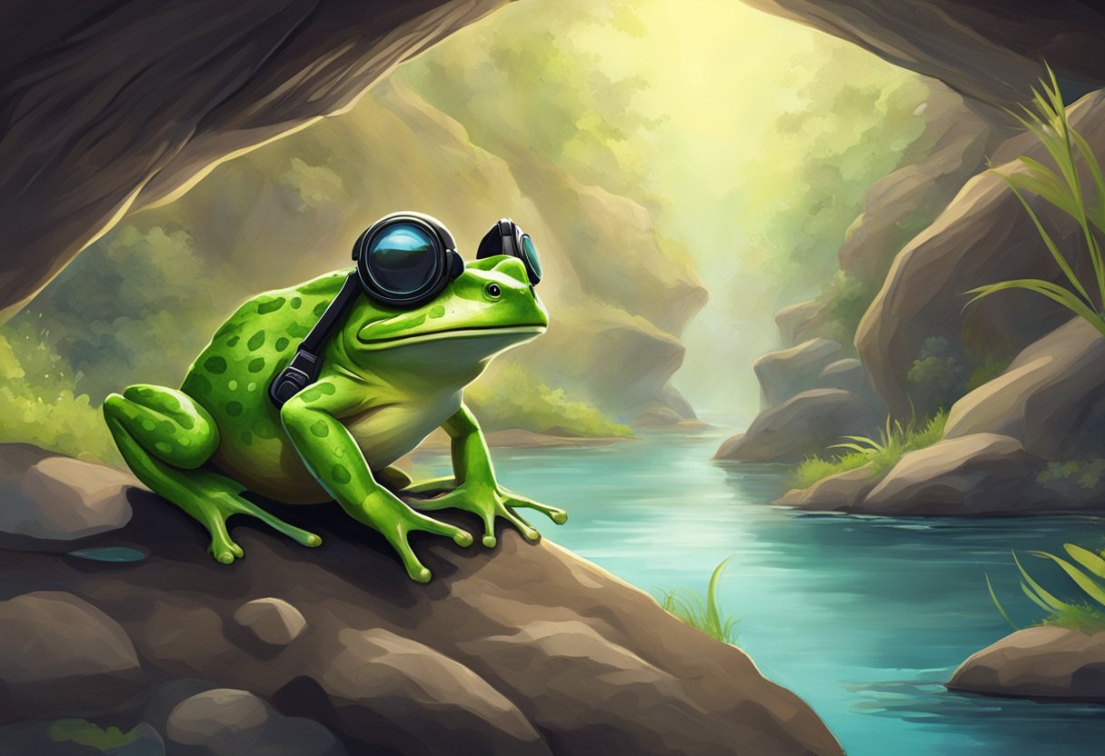 A frog wearing a high-tech headset explores a mysterious, glowing cave at Blind Frog Ranch