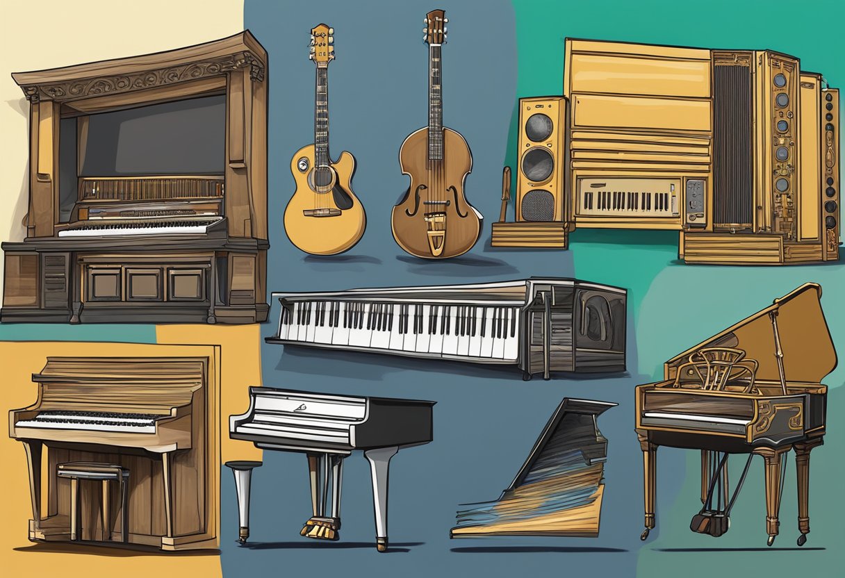 A progression of musical instruments and stage settings, from humble beginnings to grand performances, symbolizing Jay Sean's artistic evolution