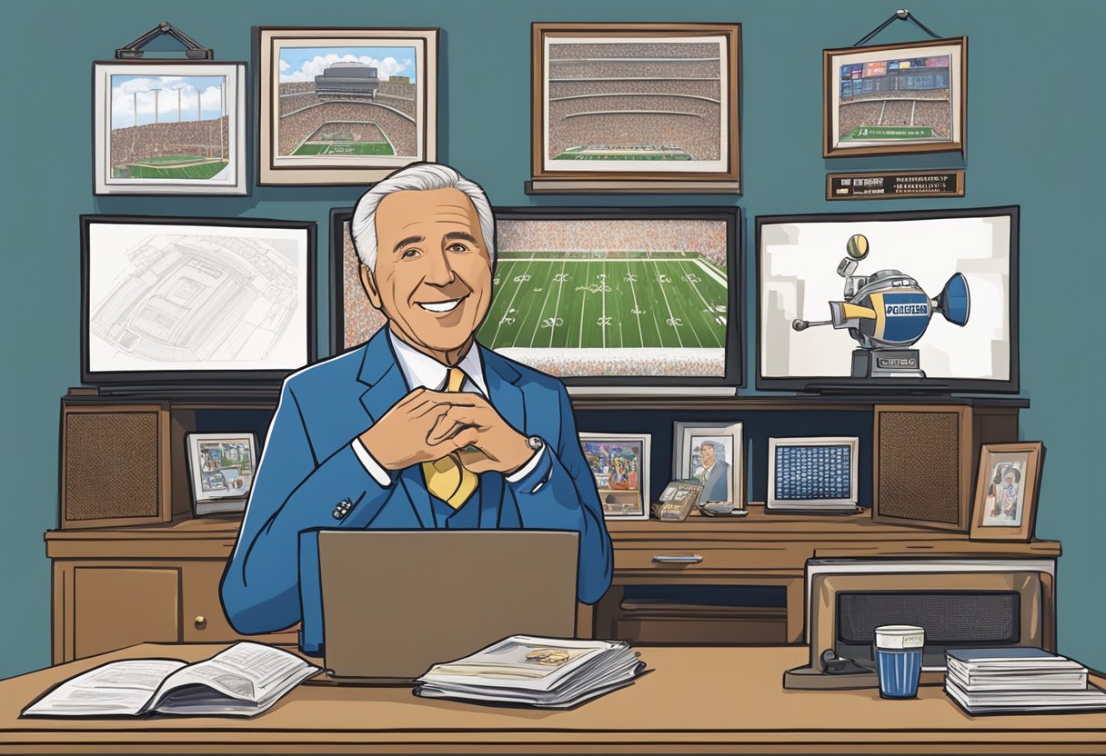 Lee Corso's iconic career: a stadium filled with cheering fans, a desk adorned with sports memorabilia, and a charismatic figure analyzing game highlights on TV