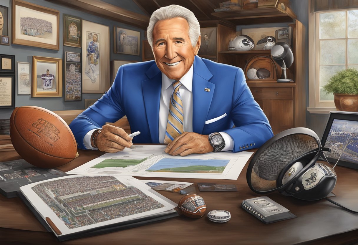 Lee Corso's signature style and contributions are showcased through a collection of sports memorabilia and broadcasting equipment