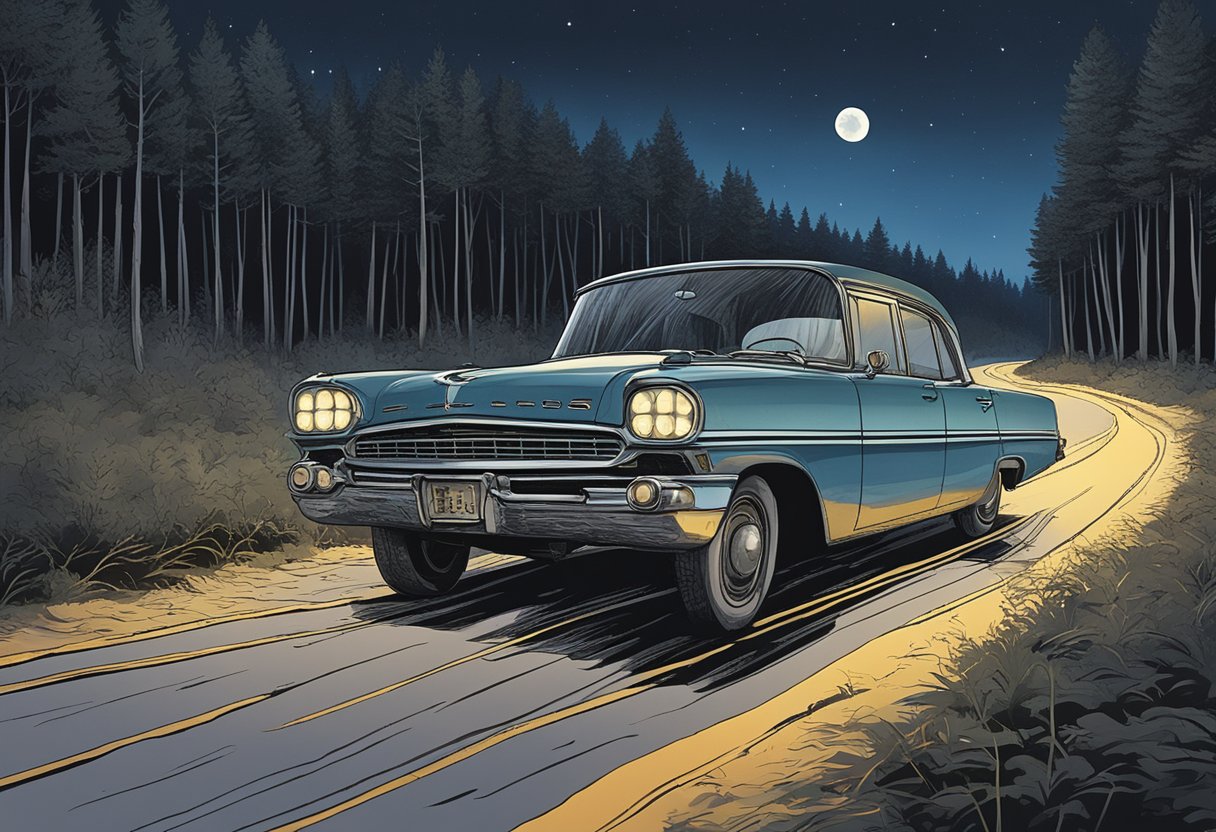 Les Gold's abandoned car on a deserted road at night, with tire tracks leading into the woods