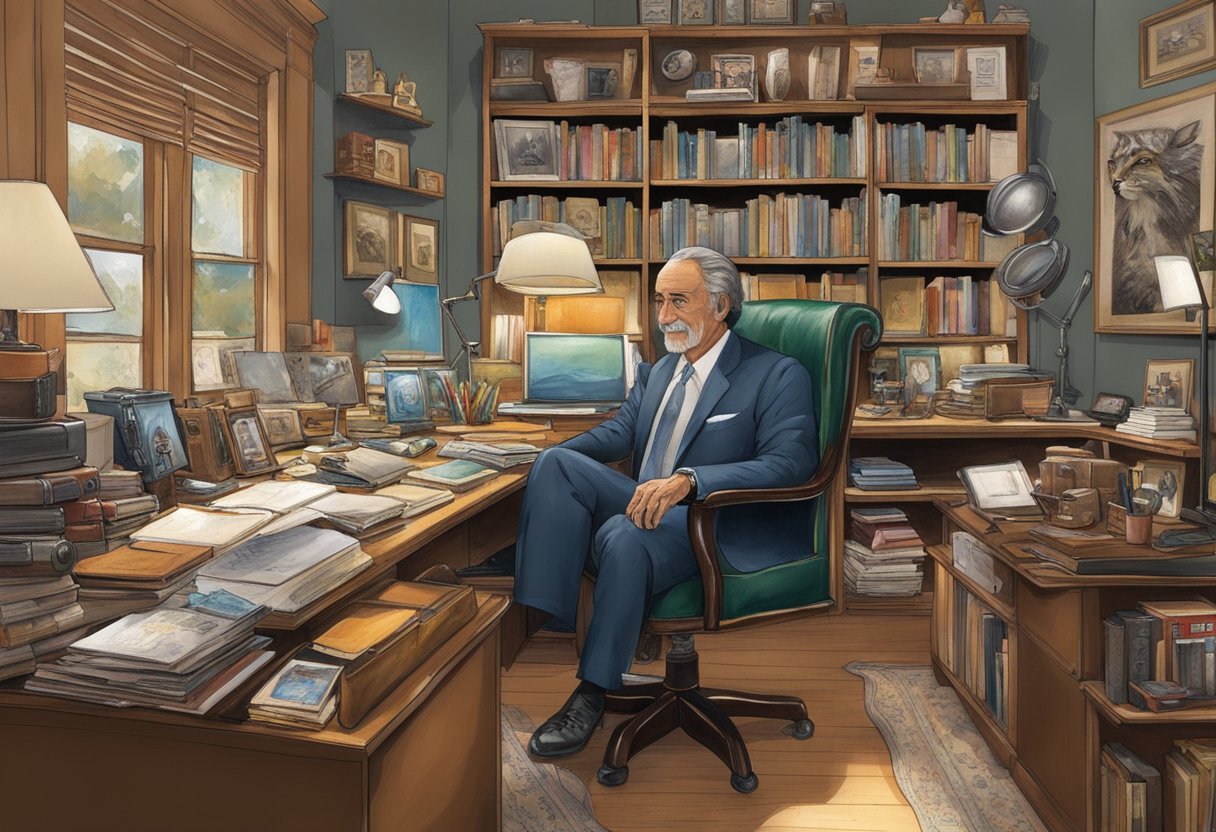 Les Gold's office, filled with vintage collectibles and family photos, reflects his personal insights and passions. A worn leather chair sits behind a cluttered desk, while shelves overflow with memorabilia