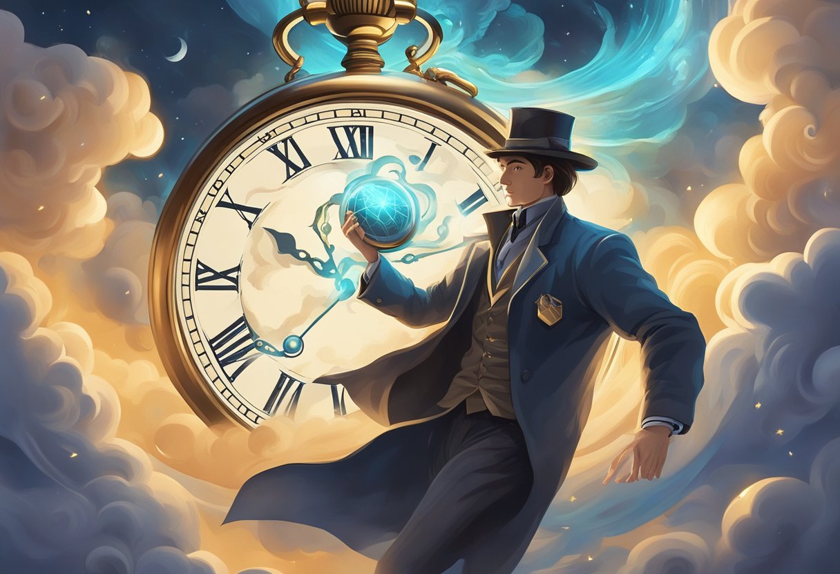 A mysterious figure watches as a pocket watch spins in mid-air, surrounded by swirling clouds and glowing symbols