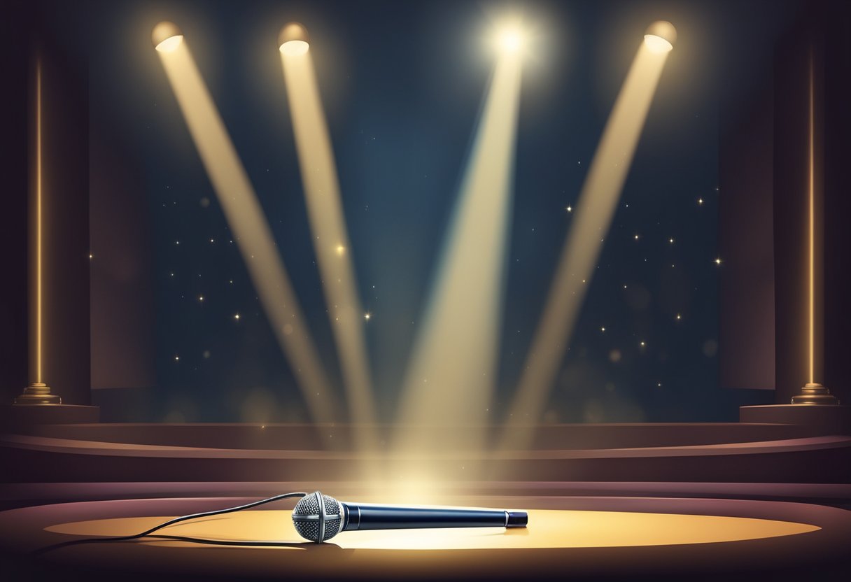 A microphone stands alone on a dimly lit stage, while a spotlight shines down, symbolizing the rise of a star