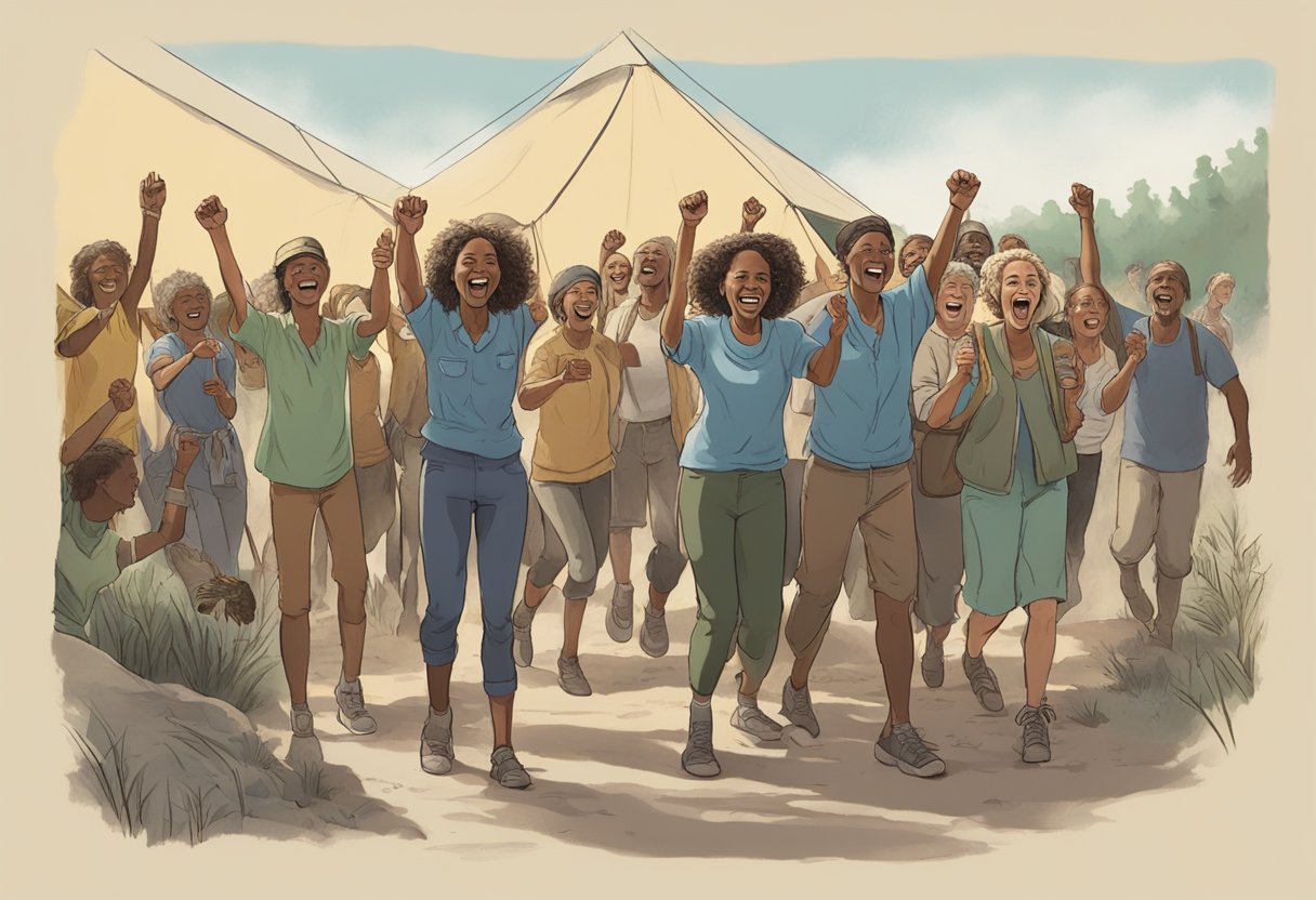 A group of survivors celebrate as Maggie returns to their camp, greeted with open arms and cheers. The atmosphere is one of relief and triumph as they welcome her back