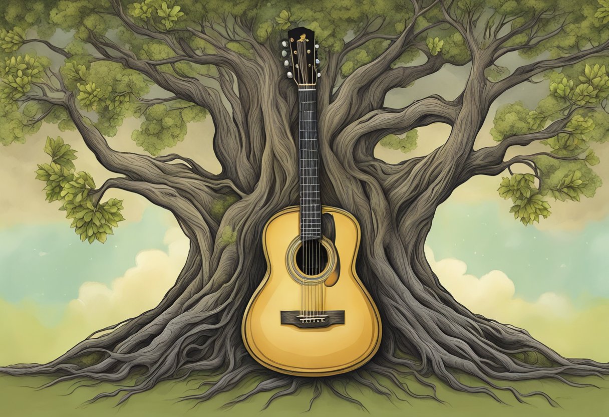 A tree's roots intertwine with a guitar, symbolizing 3 Doors Down's deep connection to their musical roots