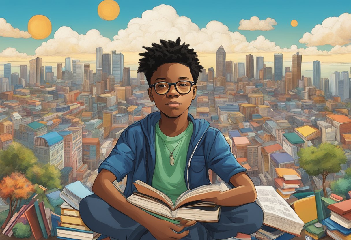 Lupe Fiasco's early life and musical beginnings: A young boy immersed in books and music, surrounded by a diverse urban landscape