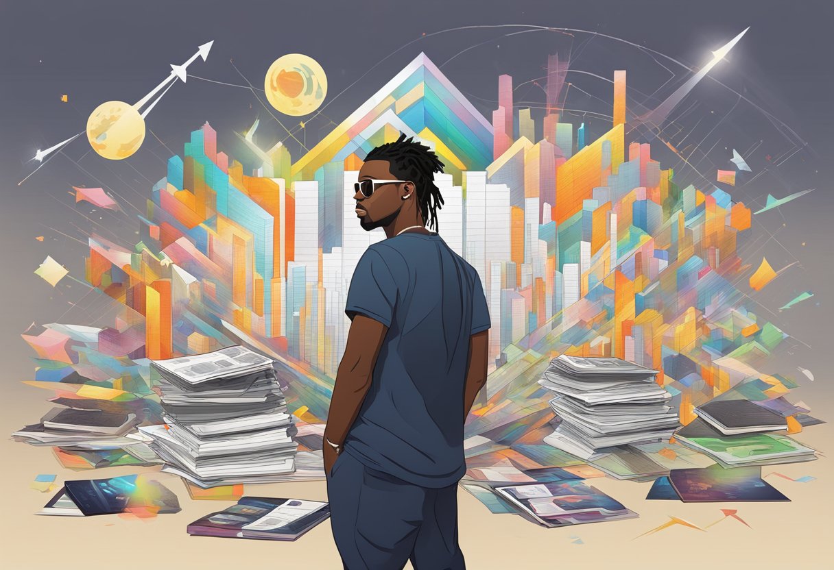 Lupe Fiasco's album cover surrounded by glowing reviews and sales charts