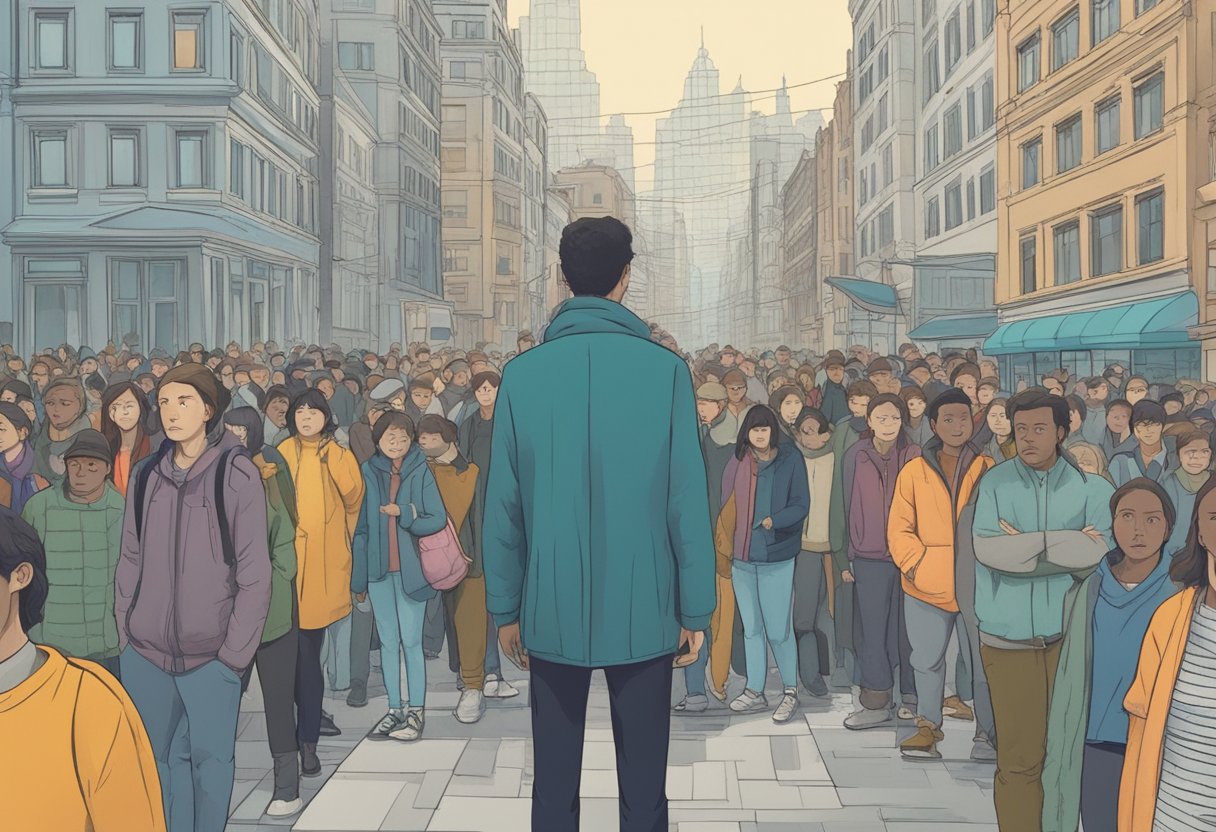 A lone figure stands in a crowded city, surrounded by judgmental glances and whispers. The weight of personal struggles is reflected in the indifferent faces of society