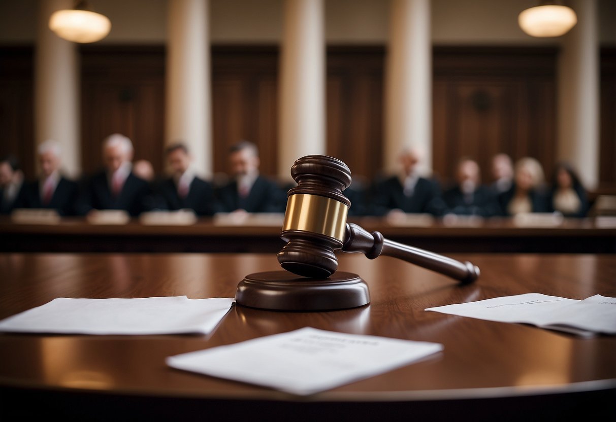 A court room with a judge presiding over a legal dispute between two parties regarding a contractual referral in public procurement. Financial documents and lawyers present