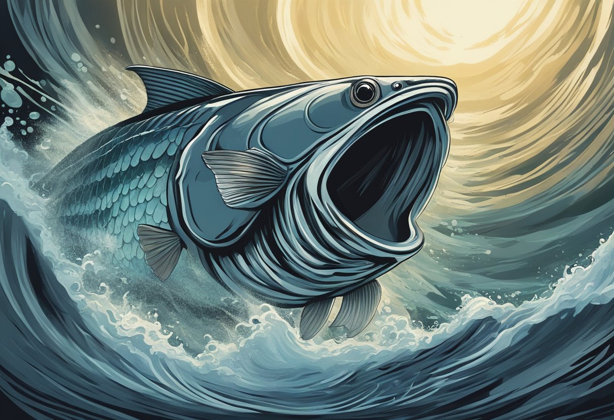 A swirling vortex of water engulfs a frightened fish, while an ominous shadow looms in the background