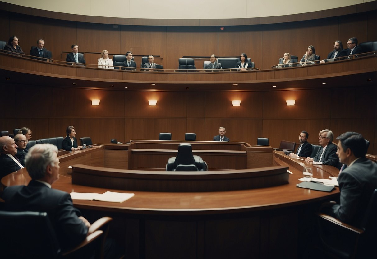 A courtroom with judges, lawyers, and witnesses discussing public procurement cases