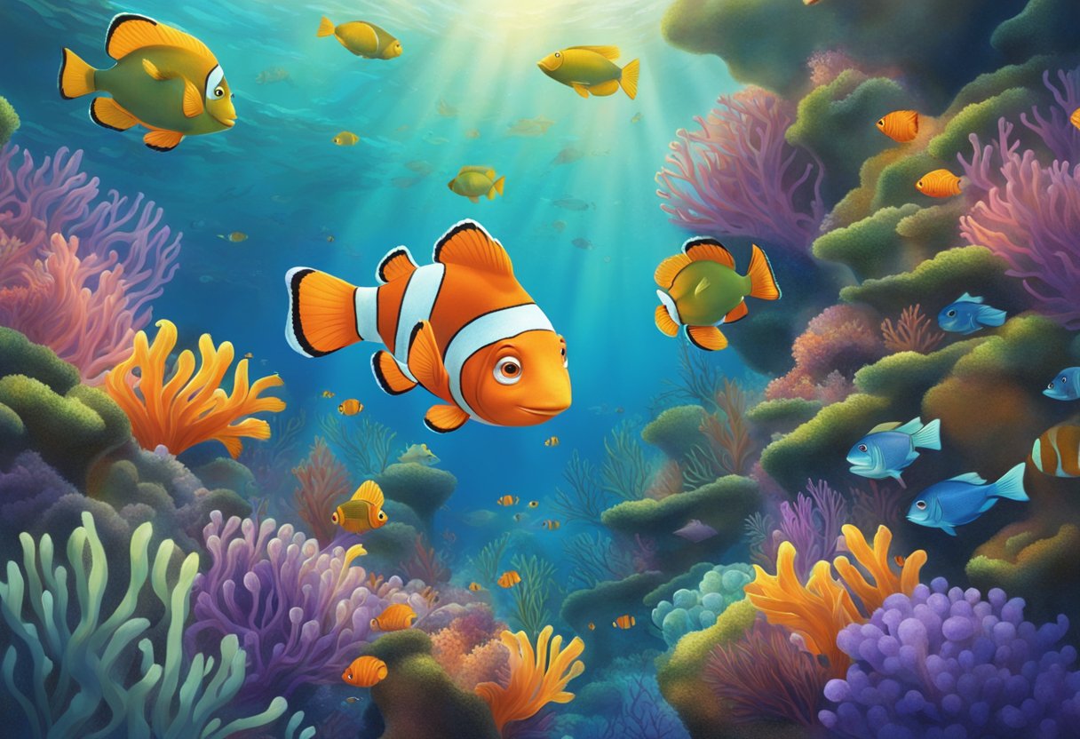 Nemo's mom swims gracefully through the coral, surrounded by colorful fish and swaying seaweed. She watches over her son, Nemo, as he explores the vibrant underwater world