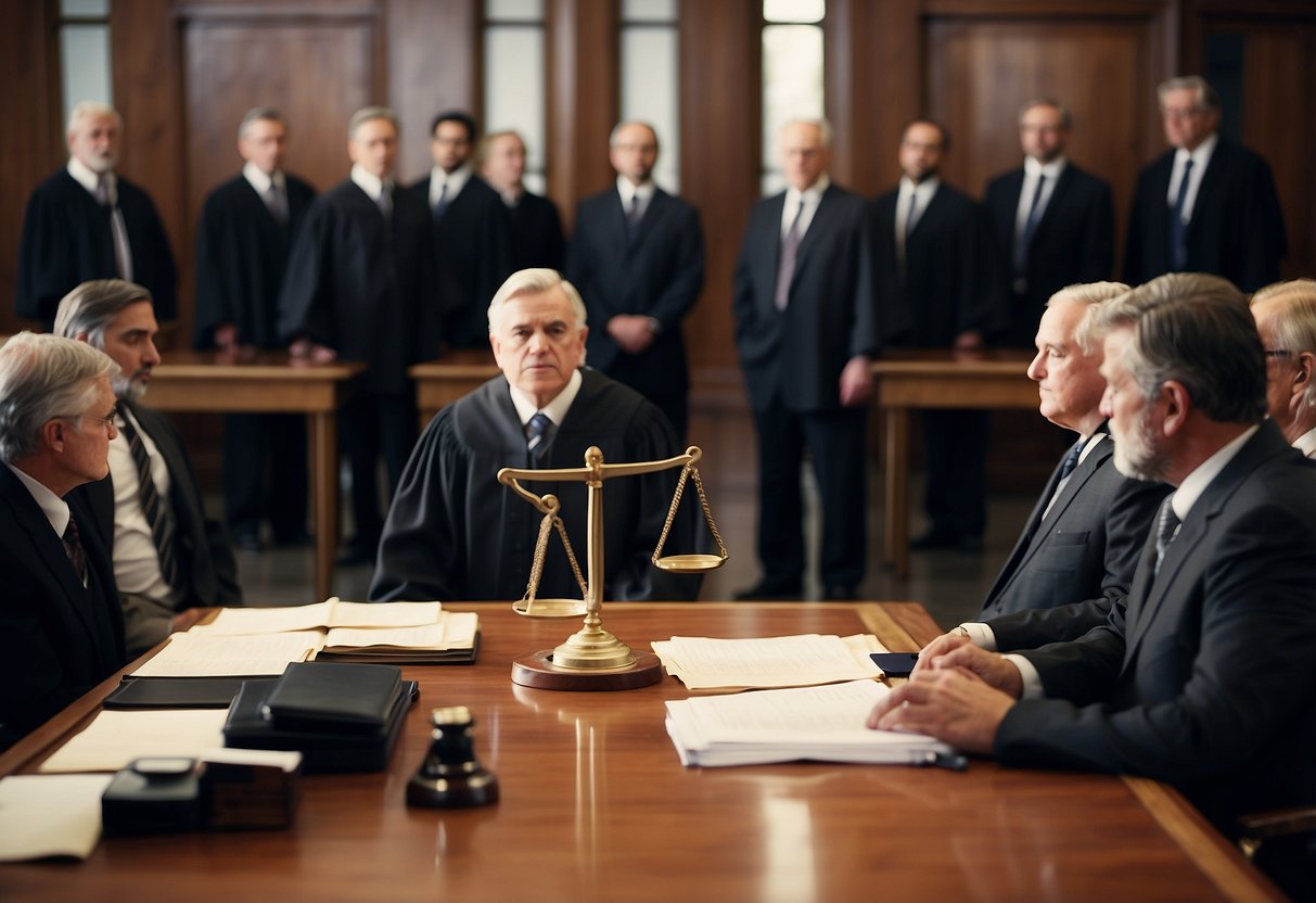 The scene depicts a courtroom with judges and lawyers discussing public procurement cases, illustrating the impact of the administrative court on social and economic matters