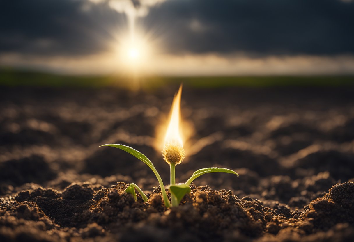 A glowing light piercing through dark clouds, illuminating a path of faith. A seed sprouting from dry ground, reaching towards the sky. A steady flame burning in the midst of uncertainty