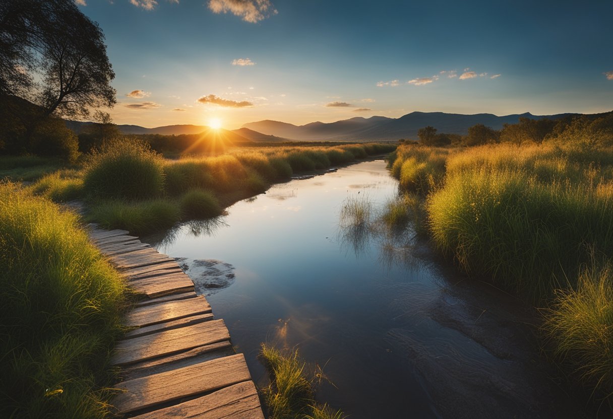 A vibrant sunrise over a calm, flowing river, with a path leading towards a distant horizon, symbolizing hope in God and the journey to develop and practice it