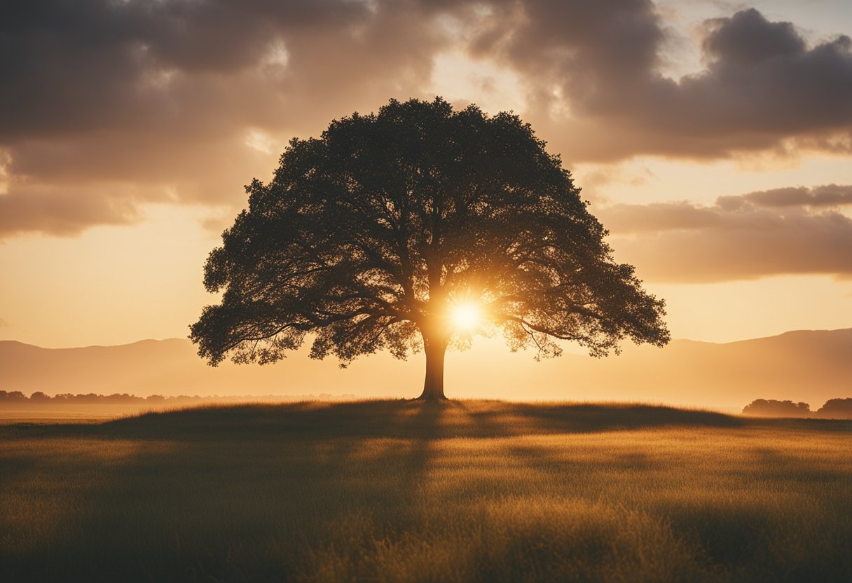 A radiant sunrise over a calm, open landscape with a single, sturdy tree standing tall, symbolizing the assurance and future of hope in God